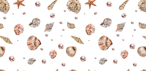 Seamless Pattern. Starfish, Seashell, Plumeria, Pearl. Watercolor illustration. Background. for invitation, summer accessories, postcard, travel list, travel agency, wallpaper, packaging cosmetic