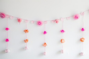 Pink festive decorations on white background with copy space.