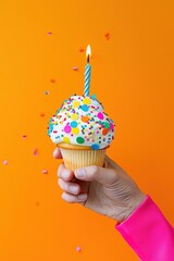 Colorful cupcake with a single lit candle held against an orange background with festive confetti.