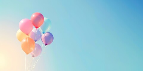 Bunch of colorful balloons floating under a bright blue sky.