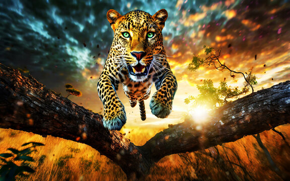 a leopard jumps at full speed over a tree trunk in the savannah, AI generated