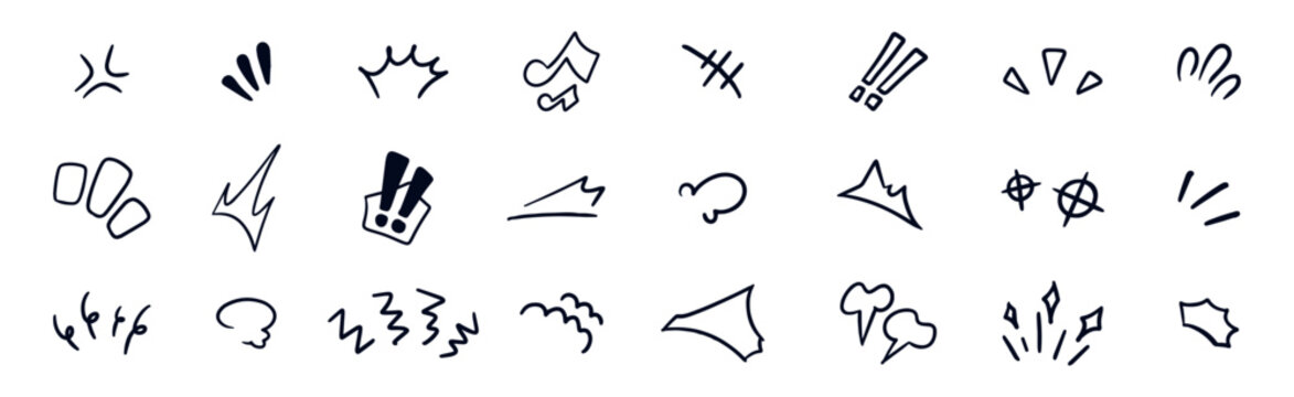 Hand drawn effect manga elements set. Cartoon doodle anime icons. Vector isolated illustration 08