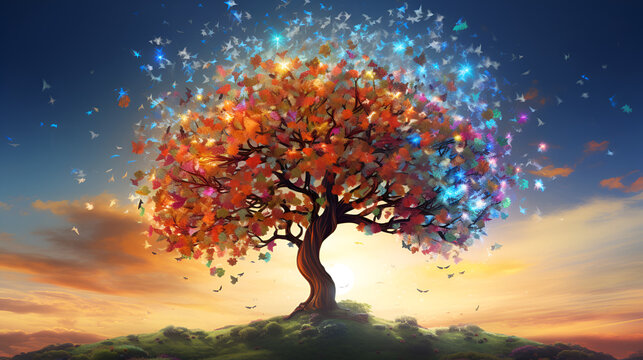 Tree with colorful flowers and birdsdigital painting illustration with blurred background

