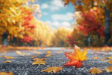 Naklejka na ściany i meble road with yellow and red leaf, autumn scene