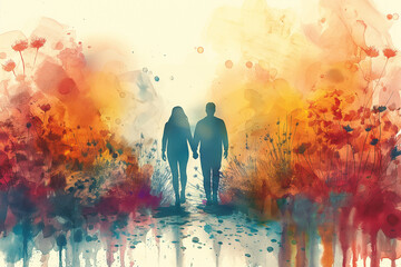 Romantic Silhouette of Couple Against Colorful Watercolor Background