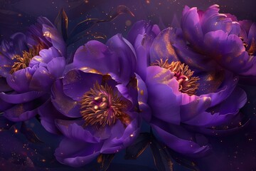 Purple fantasy peonies with gold and magic elements. Luxurious purple flowers. AI