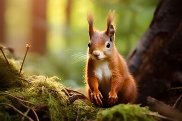 Adorable red squirrel explores lush forest showcasing its fluffy tail For Social Media Post Size
