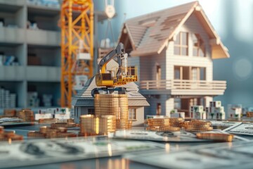 Real estate or property development. Construction business investment concept. Home mortgage loan rate. Coin stack on international banknotes with house and construction crane models on the table