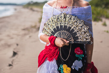 A woman shows her traditional jarocha dress in La Antigua, Veracruz.
