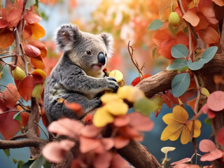 Koala Bear Sit On The Branch of the tree and eat leaves 4K Wallpaper