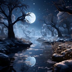 Fantasy winter landscape with river, moon and forest. 3d rendering
