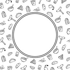 Fototapeta na wymiar circle frame of food and beverage in hand drawn style