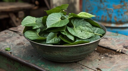 Bowl of spinach leaves on a table