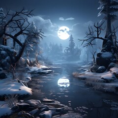 Fantasy landscape with river, trees and moon. 3d rendering