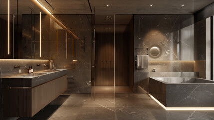 sleek grey marble bathroom with LED lighting, double vanity, and freestanding tub Generative AI - obrazy, fototapety, plakaty