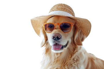 Happy smile Puppy dog wear sunglasses with summer season costume isolated on background, pets summer, lovely dog, holiday vacation.