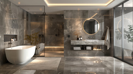 sleek grey marble bathroom with LED lighting, double vanity, and freestanding tub Generative AI - obrazy, fototapety, plakaty