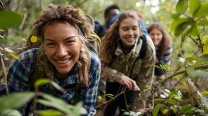 Fototapeta premium Portrait of young teamwork actively participate in a forest conservation effort, Capture the excitement for nature restoration project, Environment protection