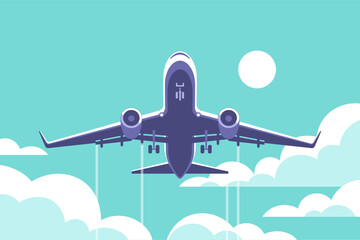 Airplane gaining altitude between clouds. Travel and vacation time. Vector illustration in a minimalistic style. - obrazy, fototapety, plakaty