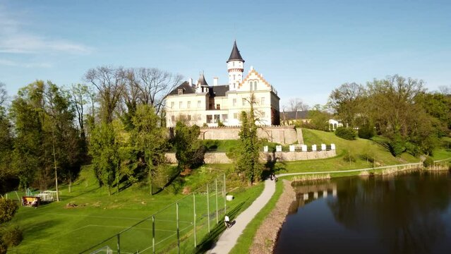Flying Towards Old Renaissance Castle Radun Near Opava Town In The Czech Republic. Aerial Drone Shot