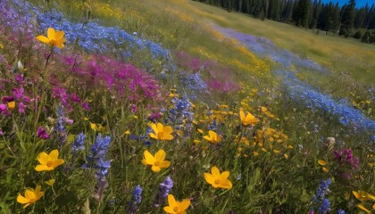 A meadow blanketed with wildflowers in shades of b