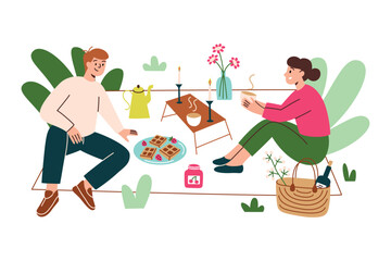 Couple on a picnic, romantic meal outside, hand drawn composition with man and woman in love, summer glamping, vector illustration of picnic blanket with food and drinks, relaxing in park
