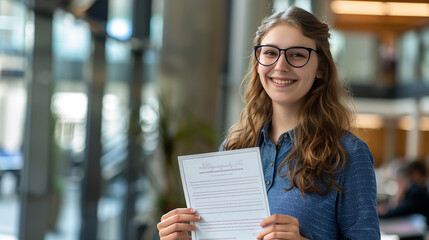 A girl is holding a piece of paper and smiling