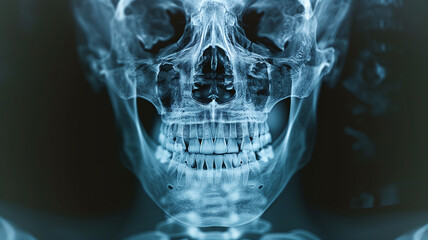 High-resolution X-ray of human skull with detailed dentition highlighting medical imaging and radiology concept