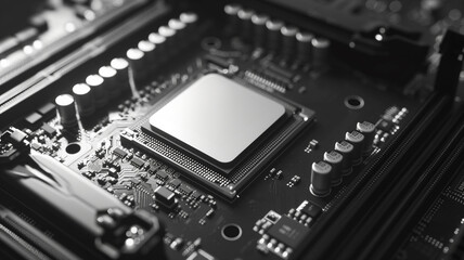 Fototapeta premium Detailed grayscale image of a central processing unit (CPU) on a motherboard with a dynamic bokeh effect highlighting the technology's precision and complexity