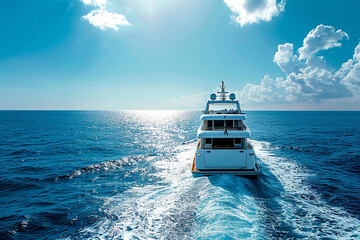 A large boat is sailing on the ocean with a clear blue sky in the background