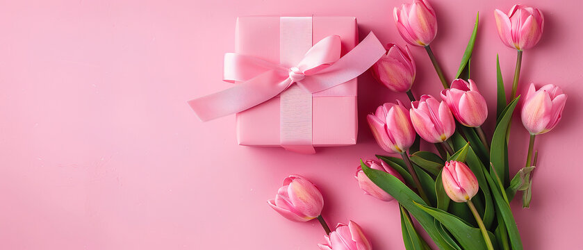 Mother's Day concept. Top view photo of stylish pink giftbox with ribbon bow and bouquet of tulips on isolated pastel pink background with copyspace 