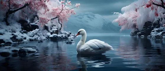 Foto op Aluminium Swan in the lake with pink cherry blossoms. Beautiful spring landscape © Iman