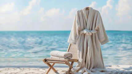 Blank mockup of a linen bathrobe perfect for a breezy summer day at the beach. . - obrazy, fototapety, plakaty