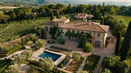 A timeless European estate surrounded by vineyards and olive groves, featuring classical...