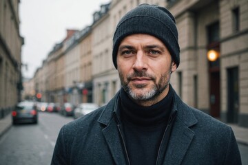 Portrait confident man wearing stocking cap