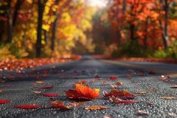 road with yellow and red leaf, autumn scene