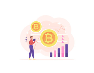 Bitcoin value continues to increase. a male trader is happy because the value of bitcoin is increasing. bitcoin investment and crypto trading. crypto currency. illustration concept design. graphic