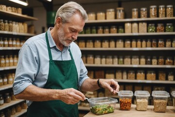 Mature man checking label on food container in zero waste shop