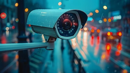 A surveillance camera oversees a rainy urban street, watching intently. - obrazy, fototapety, plakaty