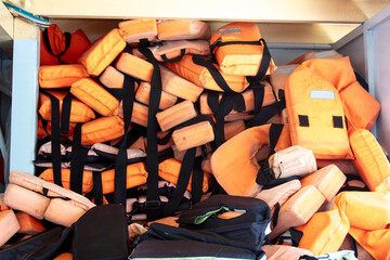 Life jackets on the ship as a background