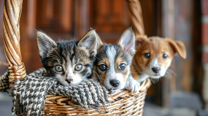 Three adorable puppies of various breeds sit together in a cozy basket, looking out with curiosity and innocence - Powered by Adobe