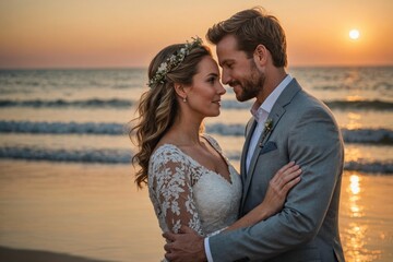 Close Up of Newlyweds on Beach at sunset