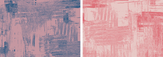 Purple and coral backgrounds rough paint strokes on canvas, set of two abstract paintings, cross hatching backdrop