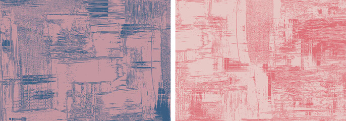Coral and purple backgrounds rough paint strokes on canvas, set of two abstract paintings, cross hatching backdrop
