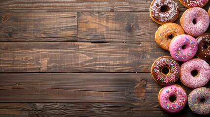 Assorted Donuts on Wooden Background with Copy Space for Text