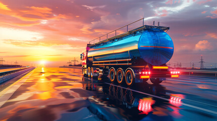 A large, powerful oil tanker truck navigates down a wet highway, transporting valuable petroleum products amid the rain