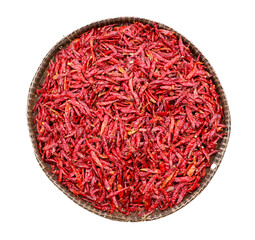 Red chili peppers in a basket isolated white background
