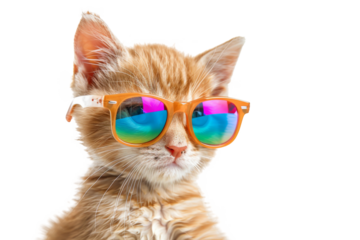 Happy smile kitty Cat wear sunglasses with summer season costume isolated on background, pets summer, lovely cat, holiday vacation.