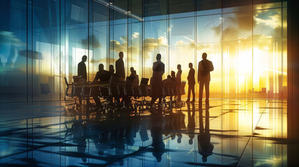 A diverse group of individuals stands confidently in front of a towering glass wall during a management meeting in their office