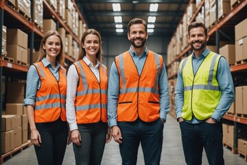 Low section of smiling male and female colleagues at warehouse